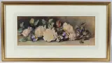 Still life of roses and pansies on a ledge by Constance Lawson, watercolour, sold Apr 2025
