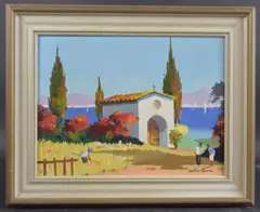 Mediterranean view with chapel and bay beyond by Cecil Rochfort D'Oyly-John, oil on board, offered Apr 2025