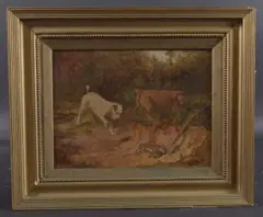 Terriers rabbit hunting by Arthur Batt, 1901, oil on board, offered Apr 2025