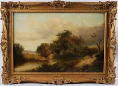 View of country cottages with figures on a path by Joseph Thors, oil on canvas, sold Apr 2025