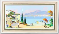 Along the Spanish Coast in the Costa del Sol, Spain' View of mountains with fishermen unloading their catch by Cecil Rochfort D'Oyly-John, oil on canvas, sold Apr 2025