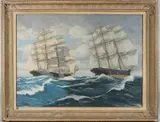 Hulks at Appledore' oil on canvas, label verso by David Roy Macgregor, oil on canvas, offered Apr 2025