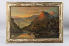 Sun setting on mountains with cattle watering by William Langley, oil on canvas, sold Apr 2025