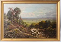 Landscape with shepherd and flock of sheep by George William Mote, oil on canvas, sold Apr 2025