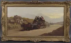 Stagecoach and team of horses ready to depart from a harbour staging post by John Maggs, oil on canvas, offered Apr 2025