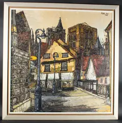 Town square by Robert Hill, 1969, oil on board, sold Apr 2025
