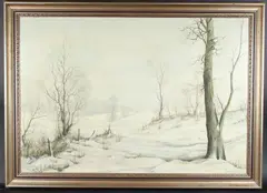 More snow in the Air' winter landscape by Mervyn Goode, 1973, oil on board, sold Apr 2025