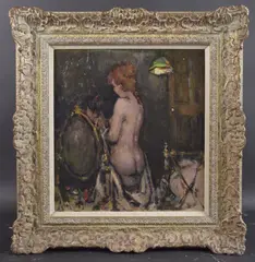 Interior scene with a standing nude figure tying a seated woman's hair by Ken Moroney, oil, sold Apr 2025