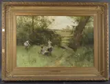 Gathering May Flowers' children in a meadow off a country path by Alfred Augustus Glendinning, oil on canvas, offered Apr 2025