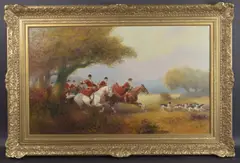 Hunt and hounds on the chase by Eugène Péchaubès, oil on canvas, offered Apr 2025