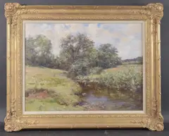 Woodland landscape with stream by Joseph Morris Henderson, oil on canvas, sold Apr 2025