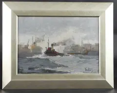 Tug in a Hurry' oil on canvas by Victor William Ellis, oil on canvas, sold Apr 2025