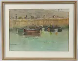 Moored fishing boats at a harbour wall by Alasdair Macmillain, 1973, watercolour, offered Apr 2025
