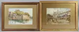 Boats moored at a harbour wall and another picture of a watermill by George Hodgson, watercolor, offered Apr 2025