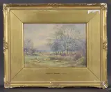 Landscape with fisherman on a bridge and another landscape with sheep grazing in a meadow, pair of watercolours by Syvester Stannard, watercolor, offered Apr 2025
