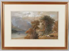 Mountain landscape with sheep on a wooded lakeside by Aaron Edwin Penley, watercolour, sold Apr 2025