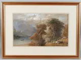 Mountain landscape with sheep on a wooded lakeside by Aaron Edwin Penley, watercolour, sold Apr 2025