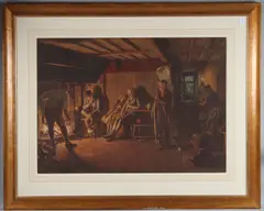 The Village Inn with people warming at the fireplace watercolour by Henry Reynolds Steer, watercolour, offered Apr 2025