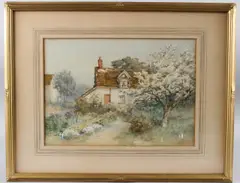 Cottage path with blossoming tree by Frederick Knowles, watercolour, sold Apr 2025
