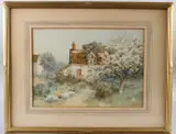 Cottage path with blossoming tree by Frederick Knowles, watercolour, sold Apr 2025