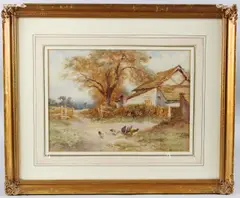 Chickens besides a cottage by Frederick Knowles, watercolour, sold Apr 2025