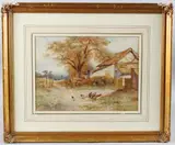 Chickens besides a cottage by Frederick Knowles, watercolour, sold Apr 2025