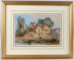 Figures at a village pond by Thomas R Colman Dibdin, watercolour, sold Apr 2025