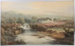 View of anglers in a river with castle and town in the distance by Frederick Booty, watercolour on card, offered Apr 2025