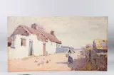 Woman on a path by fisherman's cottages by John McDougal, 1883, watercolour on paper, offered Apr 2025