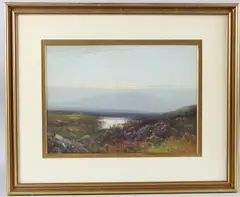 Moorland view with heather, reverse inscribed 'Stepperton Tor, Taw Marsh, Dartmoor' watercolour by Frederick John Widgery, watercolour, offered Apr 2025