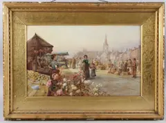 Market Day Great Yarmouth' watercolour, label verso signed, 28cm x 45cm by Percy Robertson, watercolour, offered Apr 2025