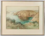 Coastal scene with cliffs, probably the Channel Islands by Ethel Cheeswright, watercolour, sold Apr 2025