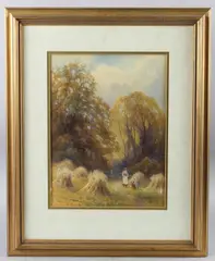 Woman and child on a path through hay stacks by Frank Gresley, watercolour, sold Apr 2025