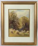 Woman and child on a path through hay stacks by Frank Gresley, watercolour, sold Apr 2025