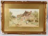 Gathering the Flock' Shepherd and flock on a village path by Arthur Claude Strachan, watercolour, offered Apr 2025