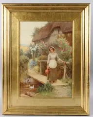 Cottage garden scene of a woman holding a water jug by William Affleck, watercolour, sold Apr 2025