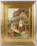 Cottage garden scene of a woman holding a water jug by William Affleck, watercolour, sold Apr 2025