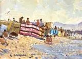 Sea Wall and Windbreakers Near Rhyl by Keith Gardner, oil on board, sold Oct 2023