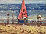 Red Sail Dinghy, Abersoch by Keith Gardner, oil on board, sold Oct 2023