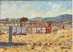 White, Blue Windbreaks, Beach Kinmel Bay, Near Rhyl by Keith Gardner, oil on board, sold Oct 2023
