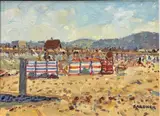 White, Blue Windbreaks, Beach Kinmel Bay, Near Rhyl by Keith Gardner, oil on board, sold Oct 2023