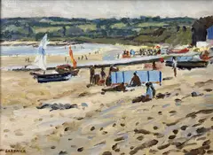 Abersoch Beach, Blue Windbreaker by Keith Gardner, oil on board, sold Oct 2023