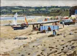 Abersoch Beach, Blue Windbreaker by Keith Gardner, oil on board, sold Oct 2023