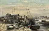 1886, oil on canvas - fisherman and boats ashore, building beyond North Wales Steam by J. Davis, oil on canvas, sold Oct 2023