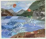 Fabric collage - patchwork landscape with building to side by Josie Russell, pencil and with, offered Oct 2023