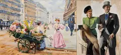 1930's couple dressed for a by James Stroudley, acrylic on board, sold Oct 2023
