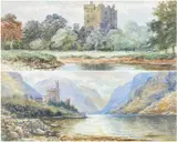 Watercolours - Glenveagh Castle by Alexander Williams R.H.A., watercolor, sold Oct 2023
