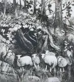 Monocolour lithograph - entitled verso 'Sheep Against by Diana Armfield Ra limited edition, lithograph, sold Oct 2023