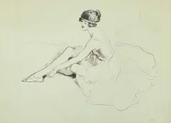 Drypoint etching - seated ballet dancer adjusting by Lewis Baumer, etching, sold Oct 2023