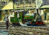 Blanche at Portmadog Station by Keith Gardner, oil on board, sold Aug 2023